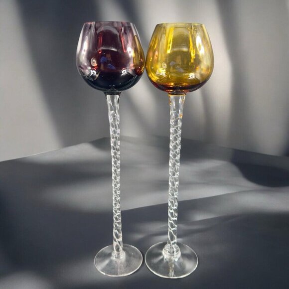 Italian Tall Clear Twisted Stem Votive Goblet Manganese 365nm UV Glow Set 2 - Picture 4 of 16